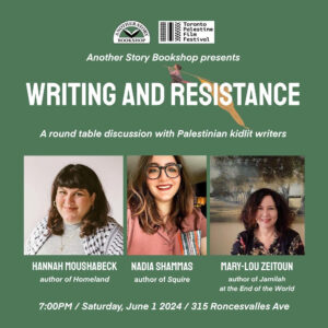 This should be a lively talk and hopefully helps out young people to tell their stories. Sponsored By Another Story and the Toronto Palestinian Film Festival